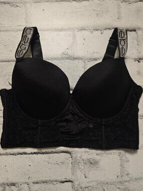 Bebe Black Longline Bra 34C Rhinestone Straps